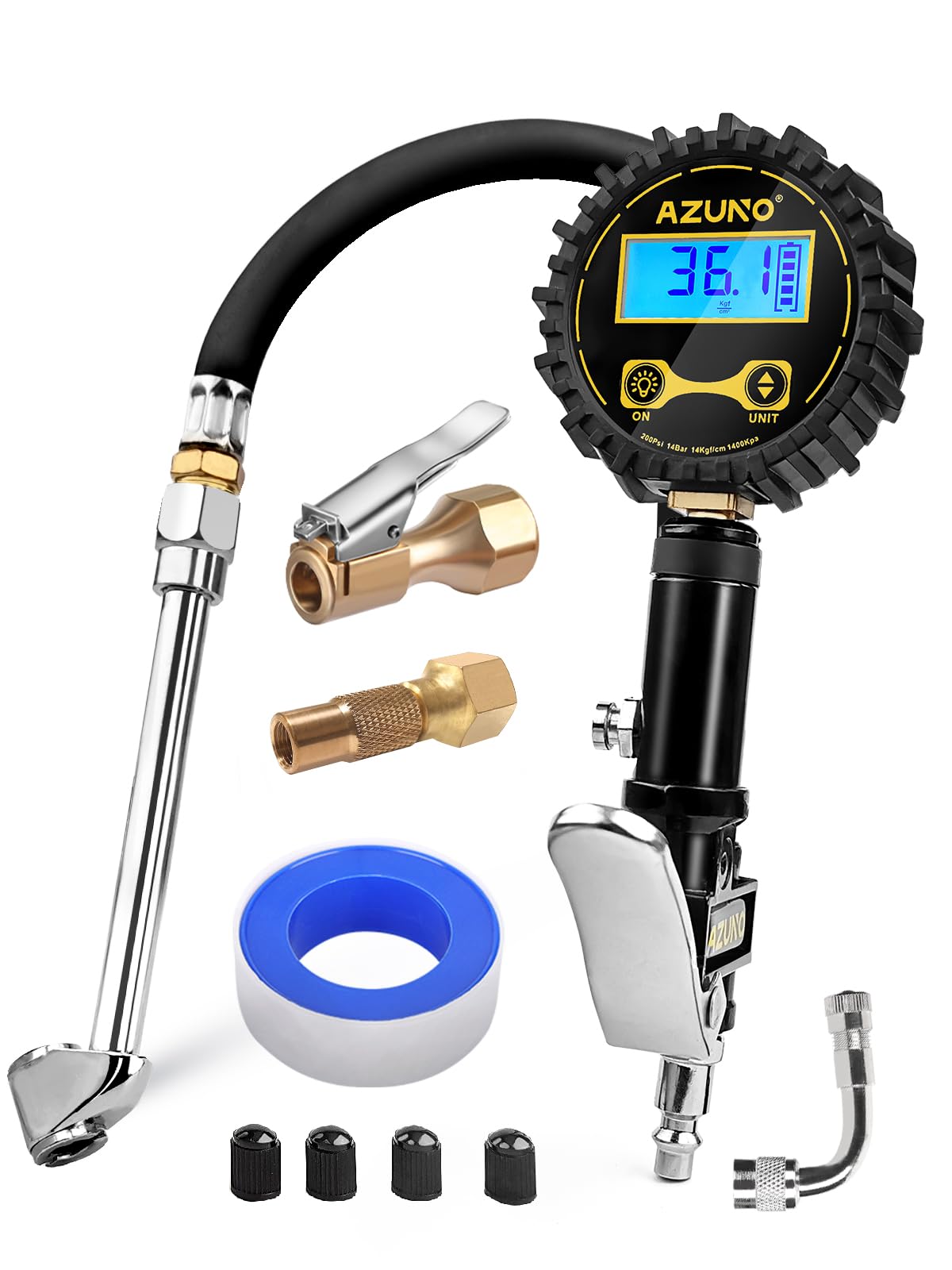 AZUNO Digital Tire Inflator with Pressure Gauge, 200 PSI, Heavy Duty Air Compressor Accessories, Comes with a Portable Carrying Box
