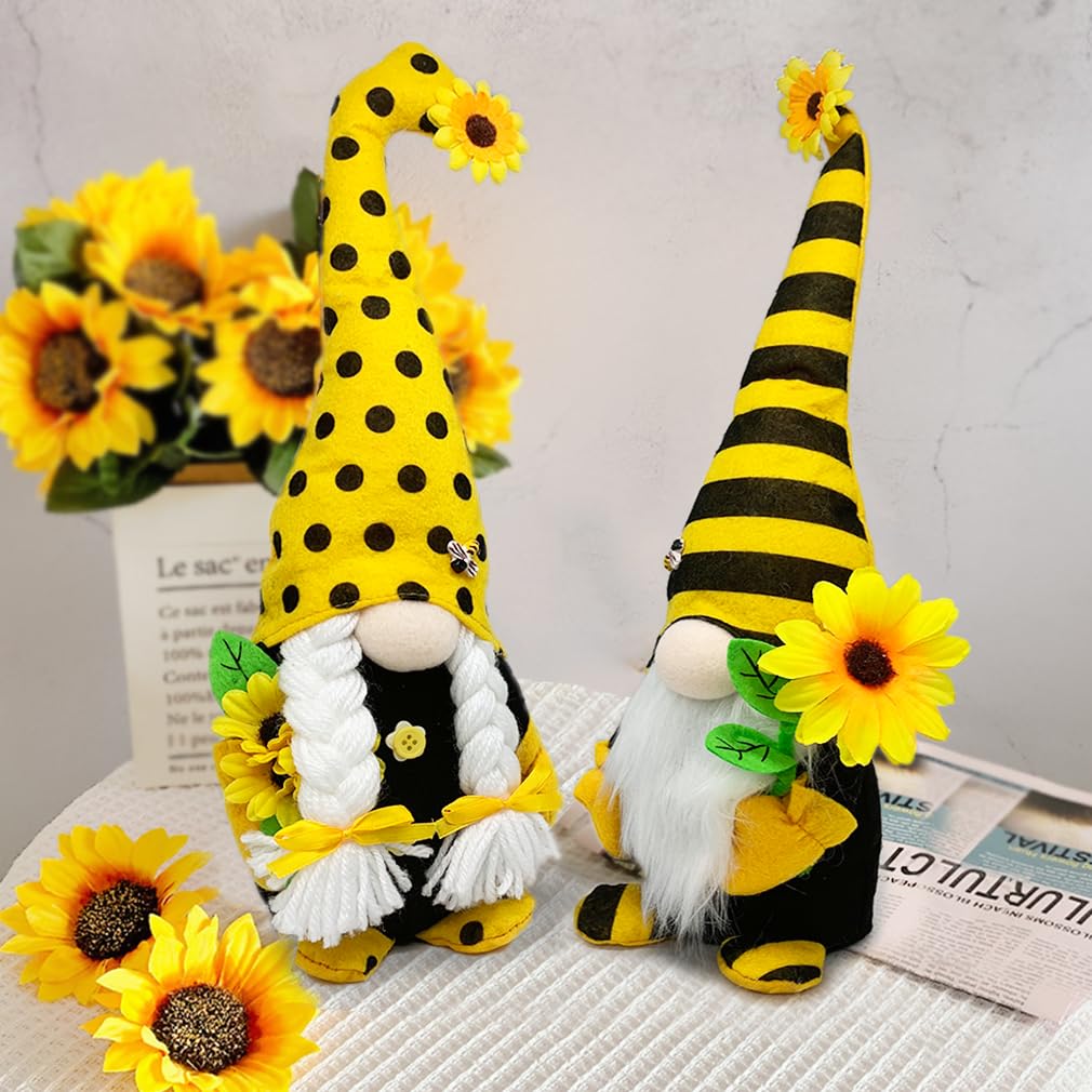 AMOH JERCY Tall Sunflower Gnome Set β 2PCS 15β & 14β Bee Plush Scandinavian Gnomes, Rustic Farmhouse Spring & Summer Decor, Tiered Tray & Mantel Decorations, Housewarming Gift, Party Table Centerpiece