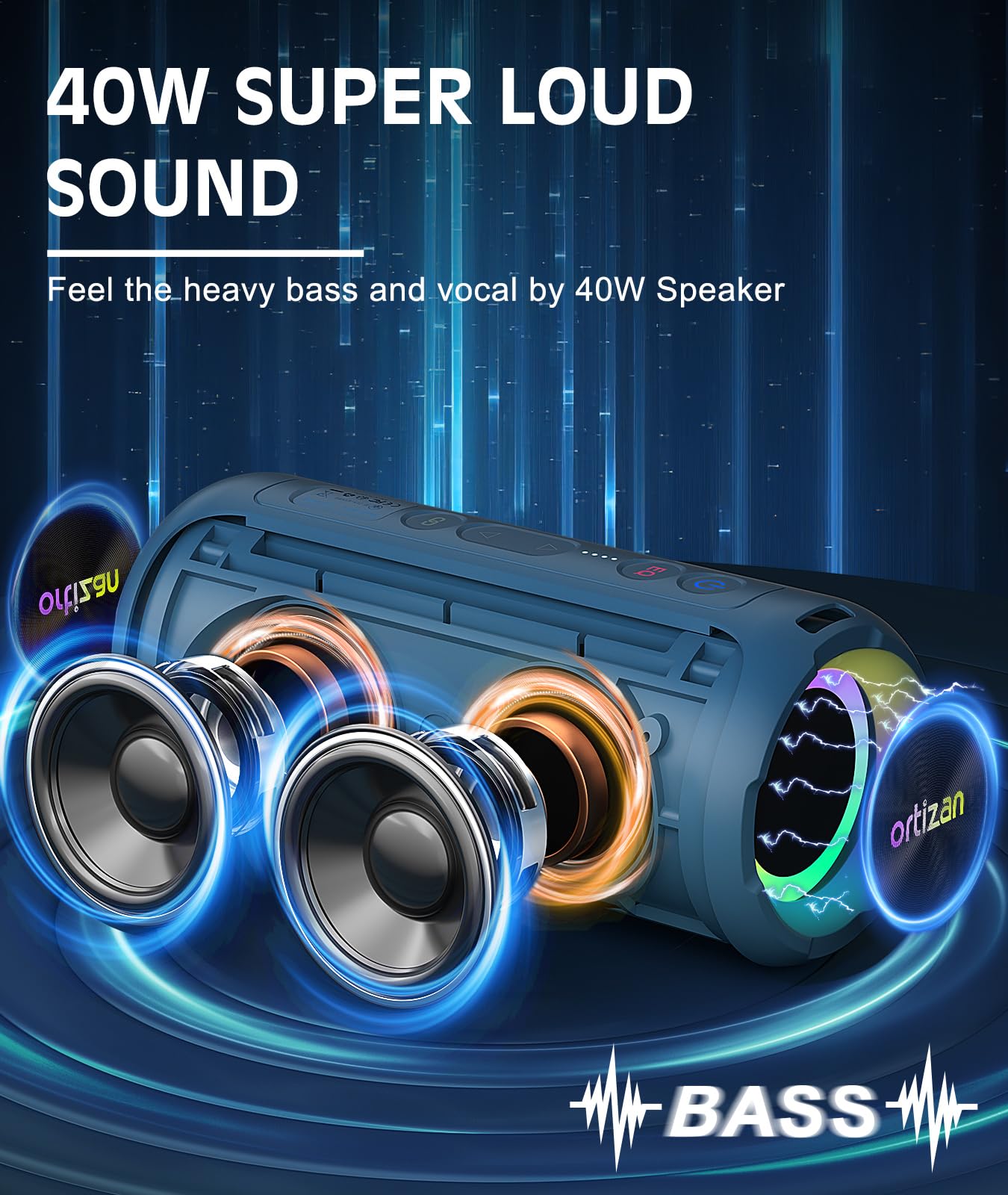 Ortizan Bluetooth Speaker, Portable with Big Audio, Wireless Stereo, 40W Deep Bass, RGB Light, BT5.3, Waterproof Shower Speakers for Outdoor/Beach/Home, Electronic Gift, Blue