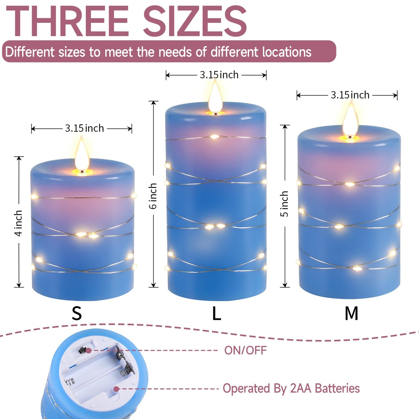 Da by Flameless Candles with String Lights,Battery Operated Candles,LED Flickering Candles with Remote Control and Timer, Real Wax, 3 Pack-Blue