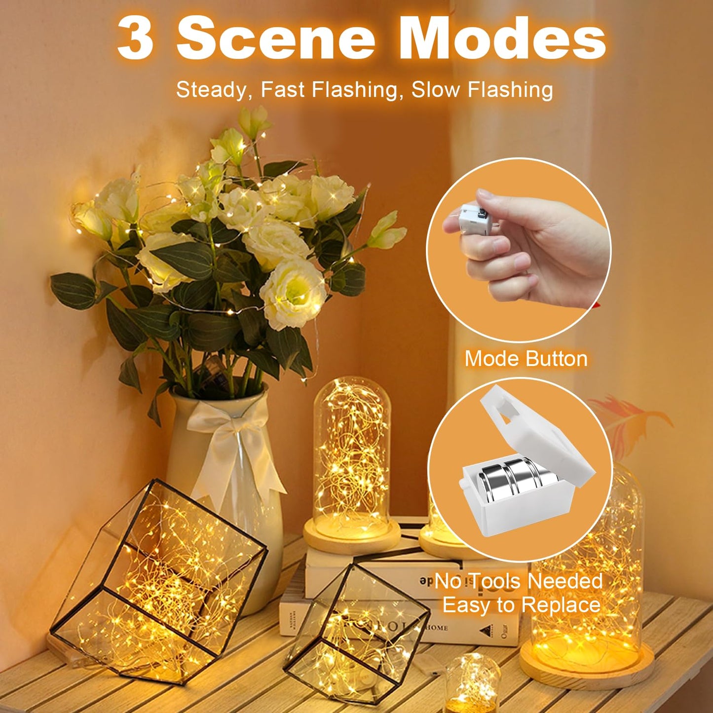 10 Pack Fairy Lights Battery Operated - 3 Speed Modes, 7Ft 20 LED String Twinkle Lights, Waterproof Copper Wire, Mini Firefly Light for Mason Jars Vases Christmas Decor, Warm White