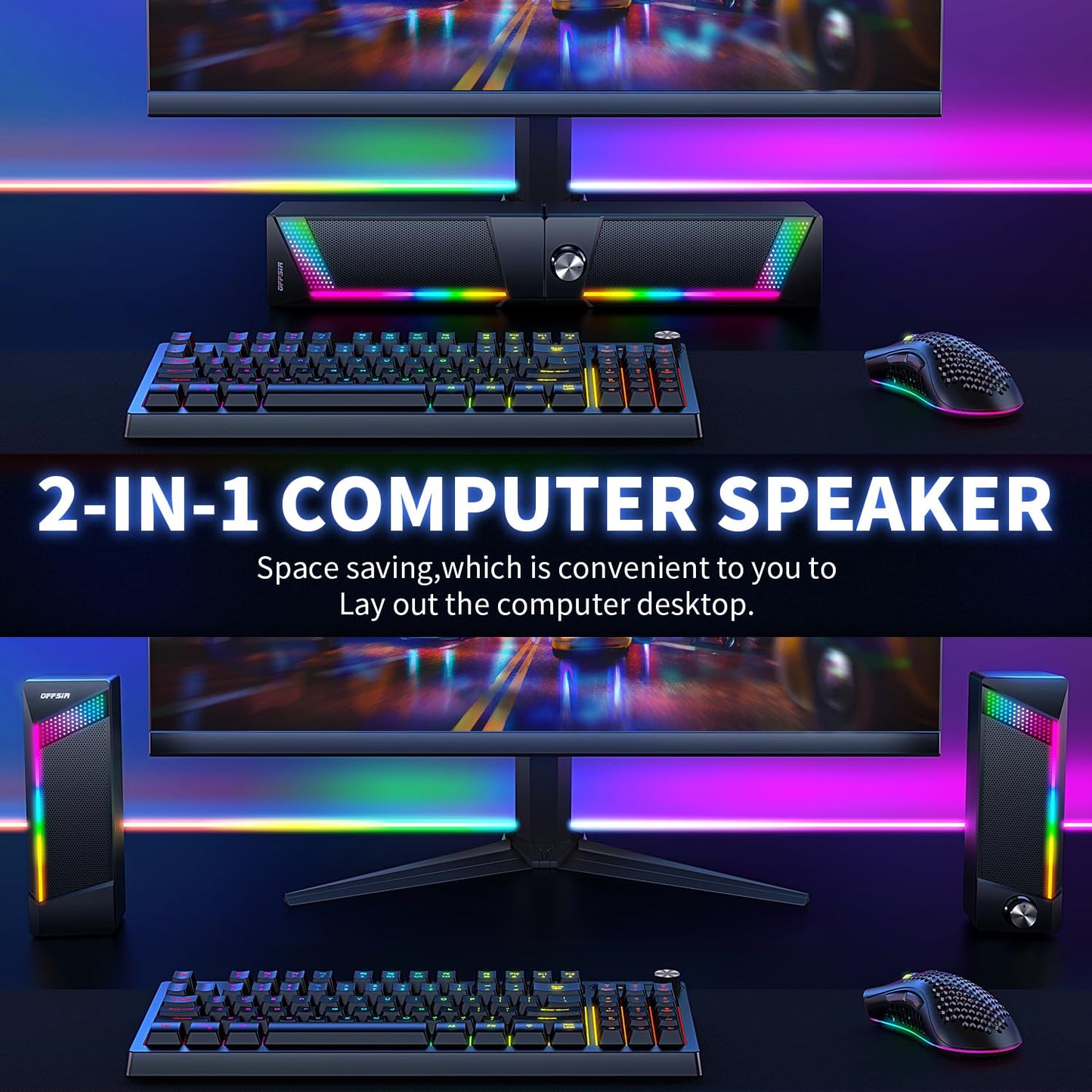 Computer Speakers, 2 in 1 PC Speaker , Gaming Speakers for PC Computer Laptop Desktop Monitor, RGB Speakers with Touch Sensitive Lighting, USB Powered 3.5mm Aux(Package Only Two Speaker, No Soundbar)