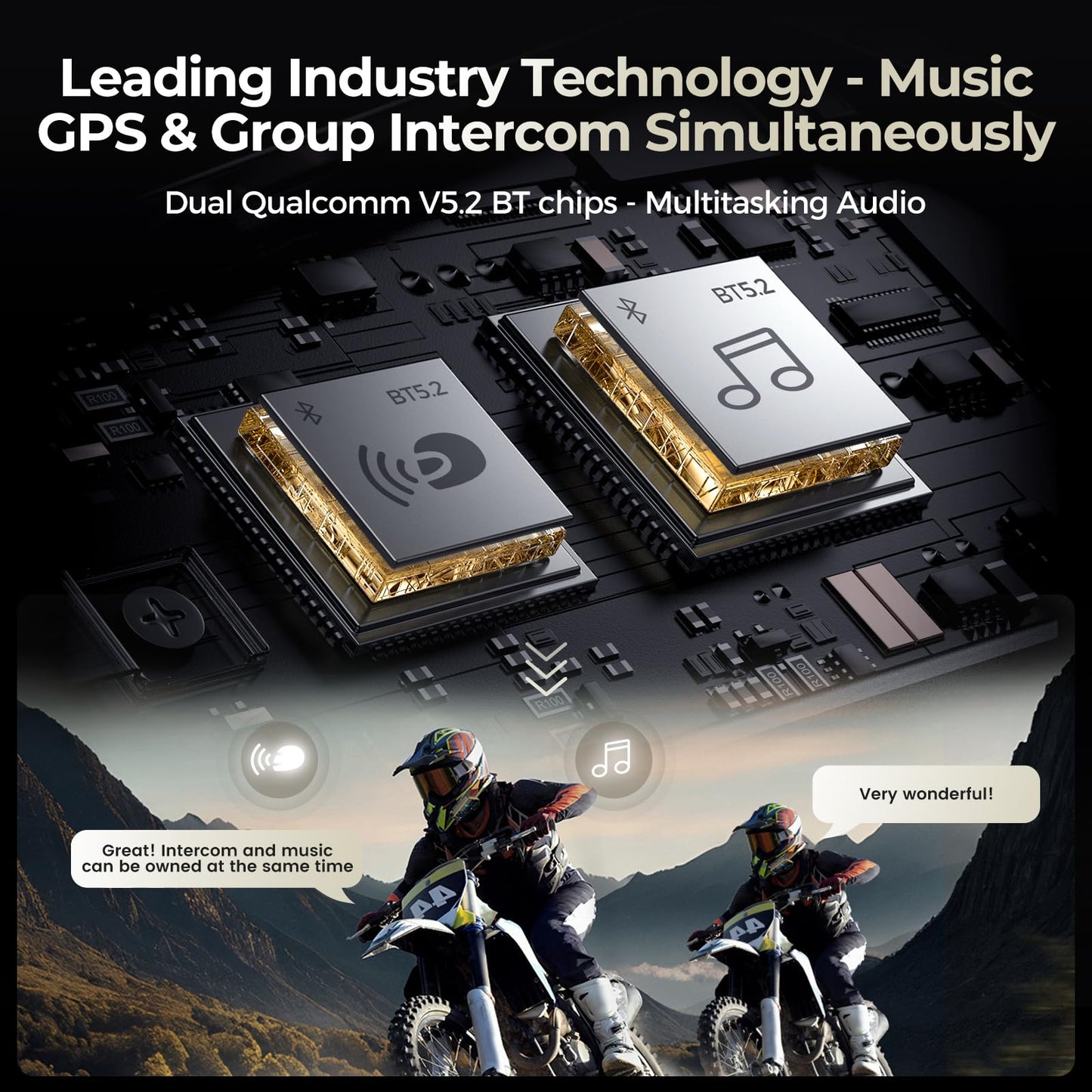 gearelec Helmet Bluetooth Intercom 【Multitasking Audio】【Mesh Intercom】, 10 Riders 2000M Motorcycle Communicaiton Systems,Motorcycle Bluetooth Headset with HiFi Sound/RGB Light/Music Sharing, 2 Pack