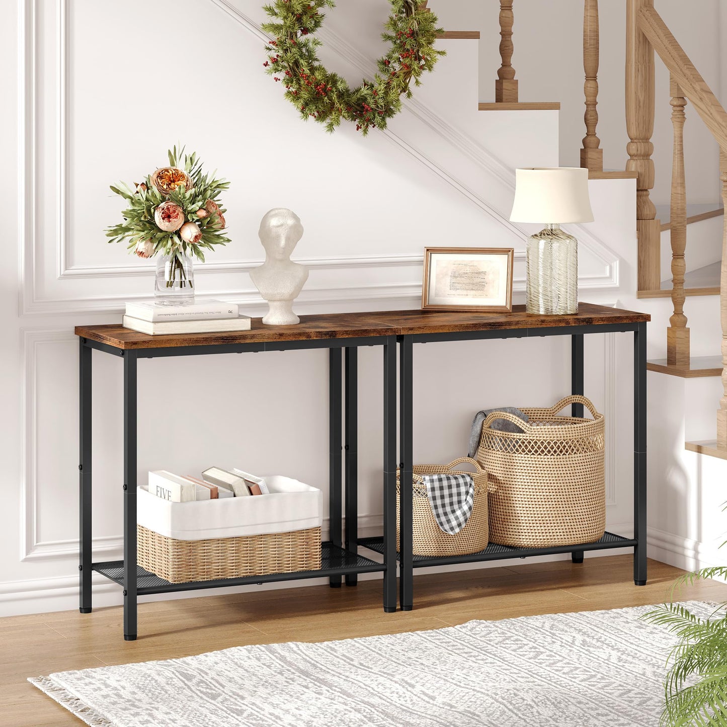 Hoctieon 2 Tier End Table, Sofa Side Table, Narrow Side Table with Storage, Slim Nightstand for Small Spaces, Metal Frame, for Living Room, Bedroom, Sofa Couch, Hall, Rustic Brown