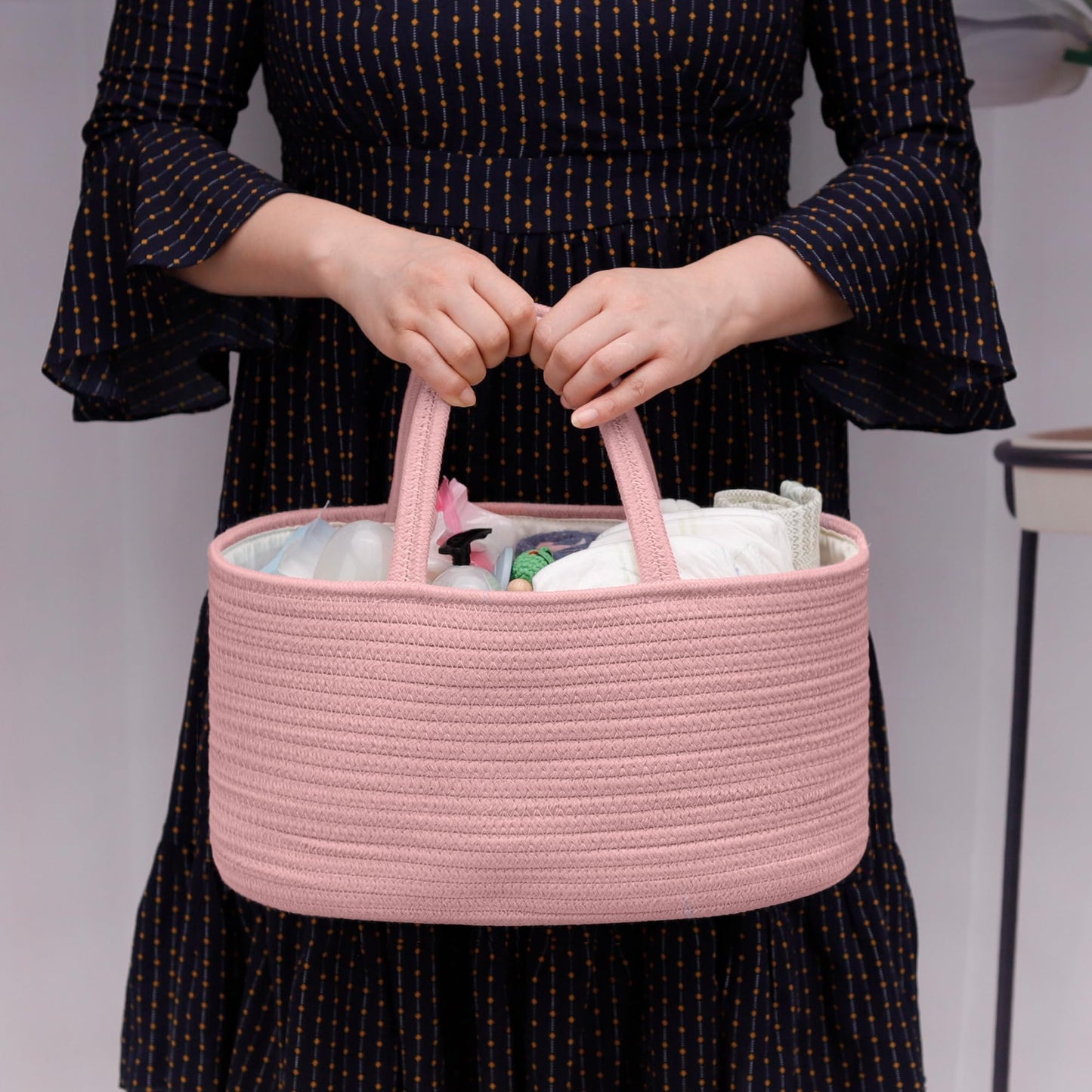 COMSE Large Baby Diaper Caddy Organizer for Girl Boy, Car Caddy with Handles, Cotton Rope Basket for Changing Table, Nursery Organizer, Gift for Baby Shower and Registry Must Have, Dusty Pink