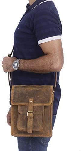 Leather crossbody bag messenger satchel tablet bag 11 inch for men and women (Distressed Tan Pocket)