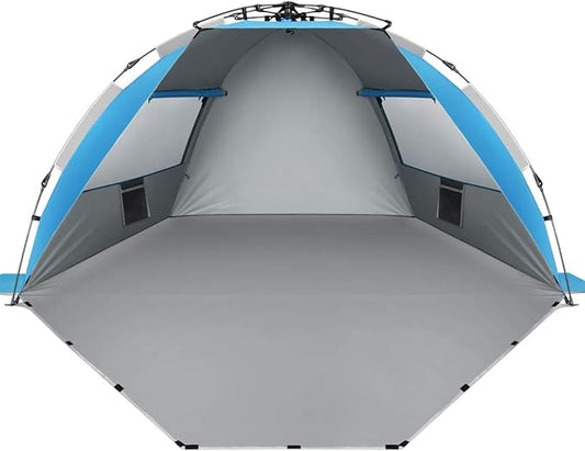 Oileus X-Large 4 Person Beach Tent Sun Shelter - Portable Sun Shade Instant Tent for Beach with Carrying Bag, Stakes, 6 Sand Pockets, Anti UV for Fishing Hiking Camping, Waterproof Windproof, Blue