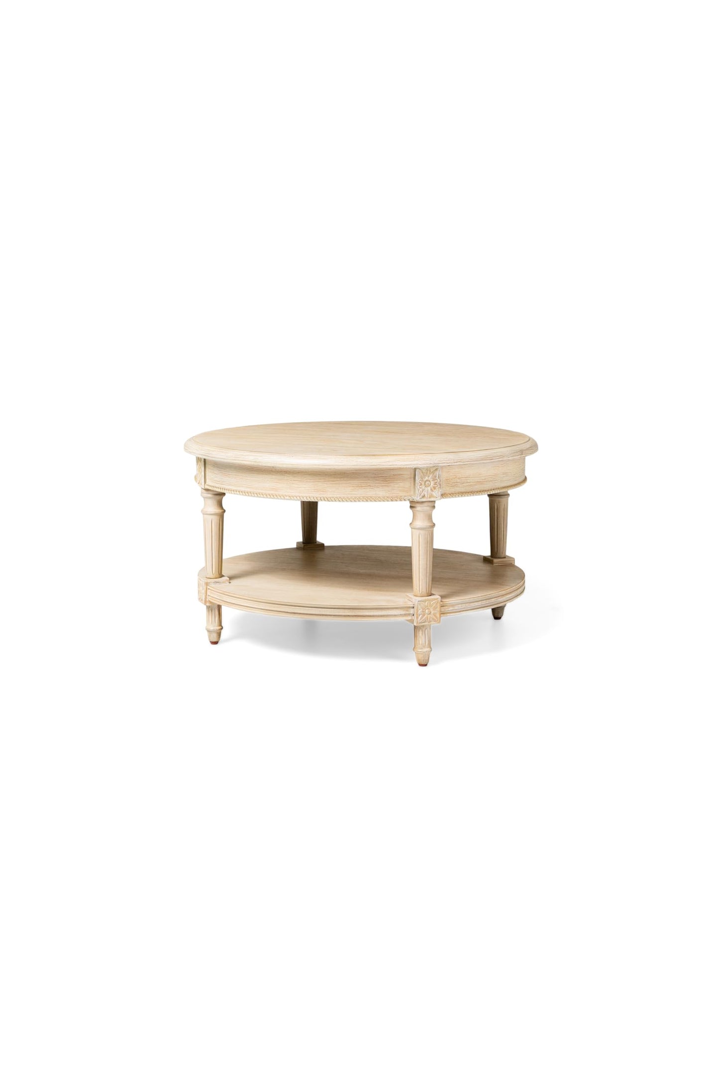 Maven Lane Pullman Large Curved 2 Tier Traditional Round Circle Wooden Center Coffee Table with Shelf Storage in Rustic Antiqued White Finish