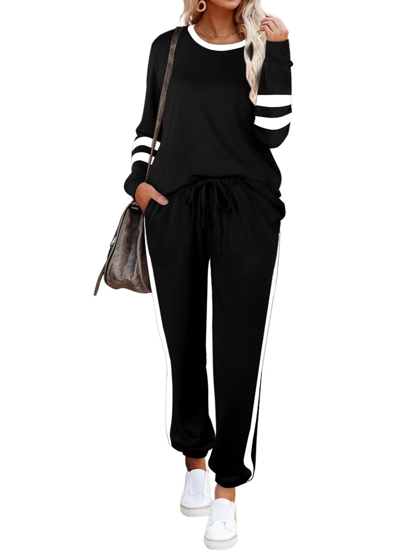 Aloodor Lounge Sets for Women Loungewear Set Casual Stripe Sleeve Tops Black XS