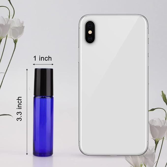 Sungwoo 12 Pack Essential Oil Bottles, 10ml Blue Glass Bottles with Stainless Steel Roller Balls and Caps for Travel, Perfume and Lip Gloss