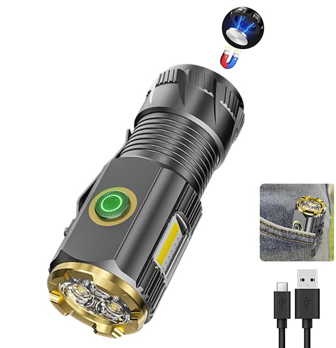 Rechargeable mini LED flashlight, 9000 lumens ultra bright small flashlight, with clip and magnet, IPX6 waterproof, 6 modes, suitable for camping, hiking, and emergency situations (2-piece set)