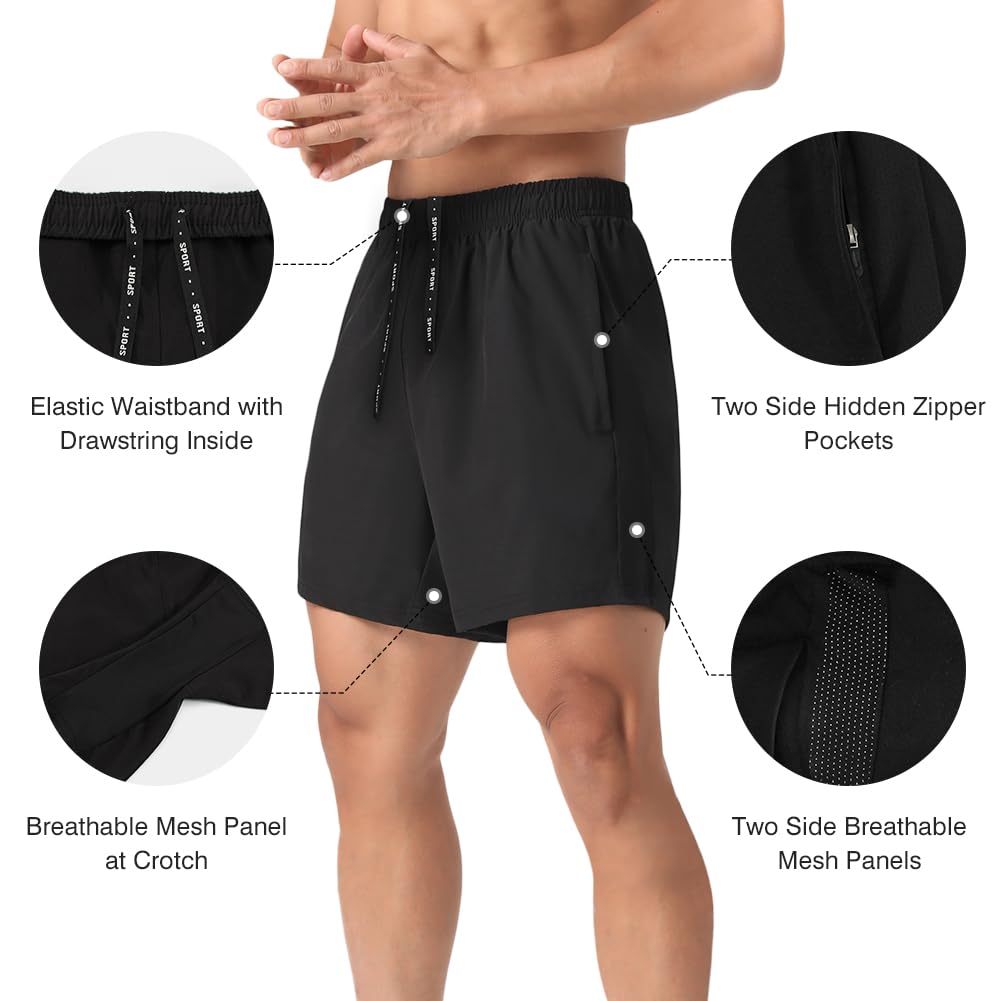 MAXCK 2 Pack Mens Lightweight Athletic Running Shorts 5'' Quick Dry Gym Workout Shorts with Zipper Pockets Black/Navy,Large