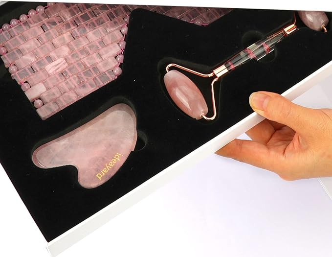ideayard Rose Quartz Eye Mask & Face Roller and Gua Sha 3-in-1, Real Natural AAA Rose Quartz for Skin Care SPA Facial