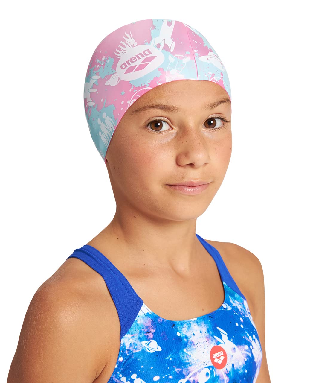 Arena Junior Silicone Unisex Print Swim Cap for Boys and Girls Comfortable Durable Kids’ Pool Bathing Cap, One Size, Circle Stripe