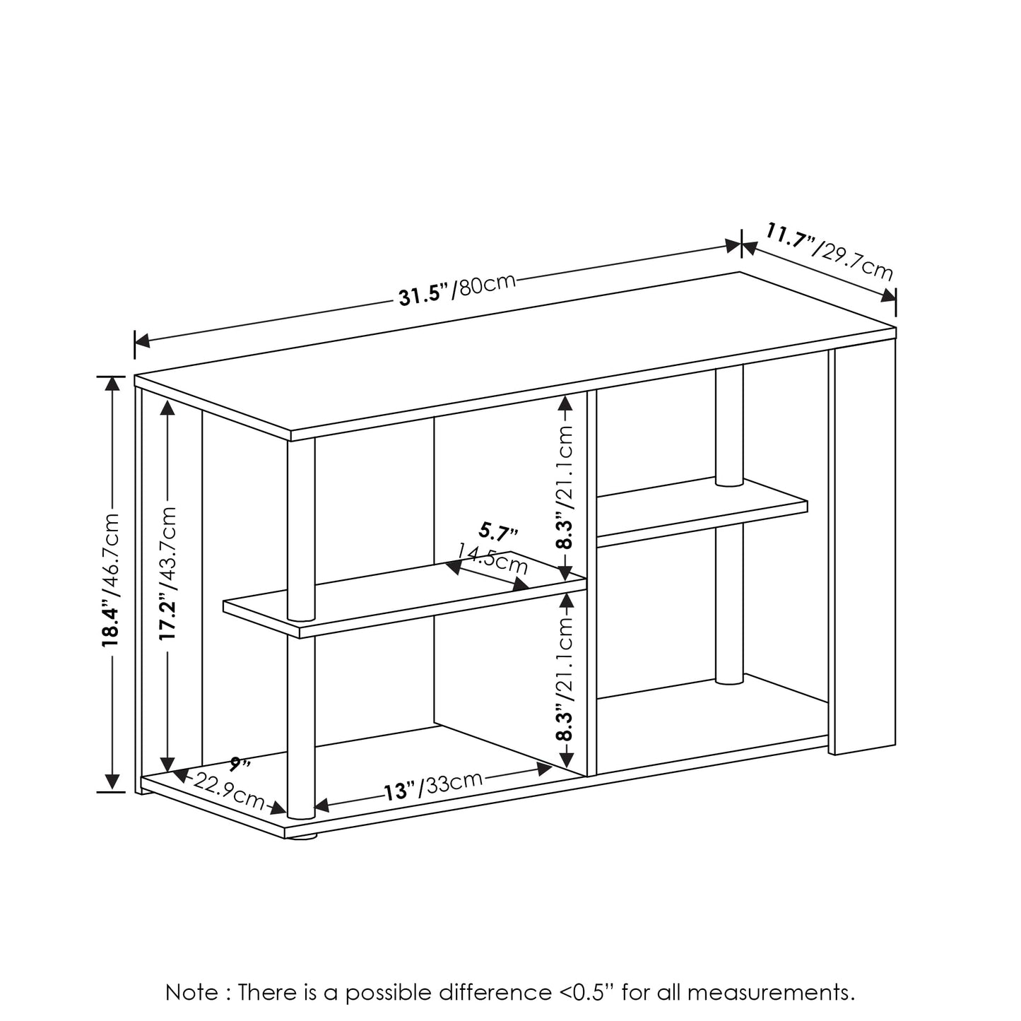 Furinno Romain Narrow End Table with Shelves, French Oak/Black