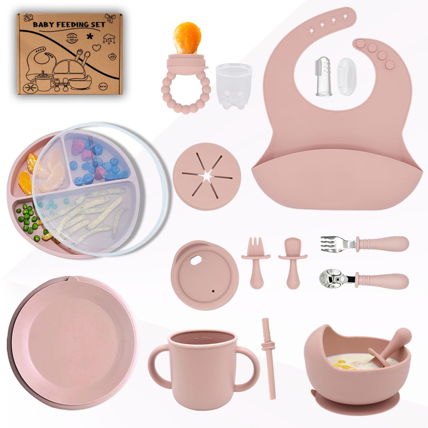 kitchengoodsdude Baby Silicone Feeding Set 16PCS Baby Self Toddler Led Weaning Utensils Sets with Suction Bowl and Plate 2 Set of Baby Spoons and Forks Adjustable Bid, Sippy Cup with Straw and 2 Lids