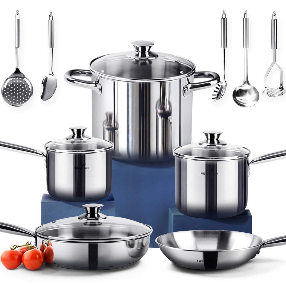 HOMICHEF 14-Piece Nickel Free Stainless Steel Cookware Set - Nickel Free Pots and Pans Set - Non-Toxic, Healthy Induction Cookware