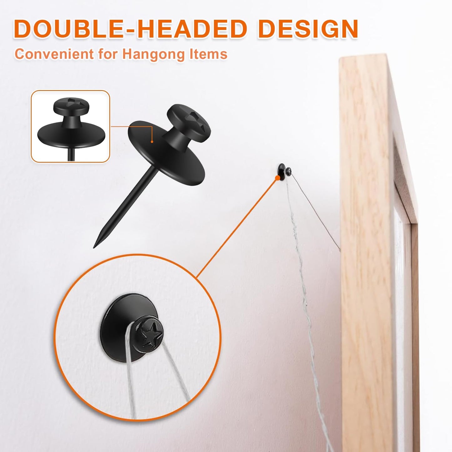 50 PCS Push Pins Picture Hangers Wall Hooks, Double Headed Thumb Tacks Without Nails, Renter Friendly Decor Thumbtacks for Tapestry Frame Art Photos (Black)