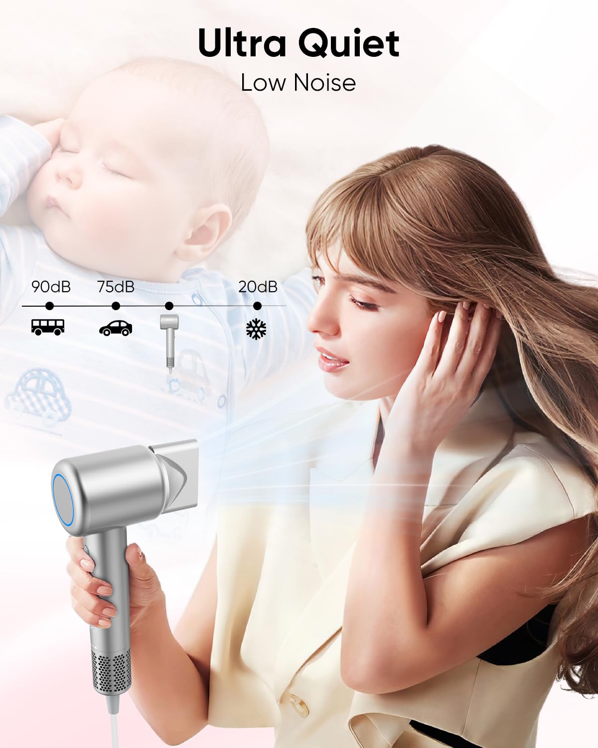 Hair Dryer, High-Speed Ionic Low Noise Blow Dryer with Brushless Motor for Fast Drying, Thermo-Control Quiet Compact Hair Blow Dryer with Magnetic Diffuser for Curly Hair for Home Travel Salon