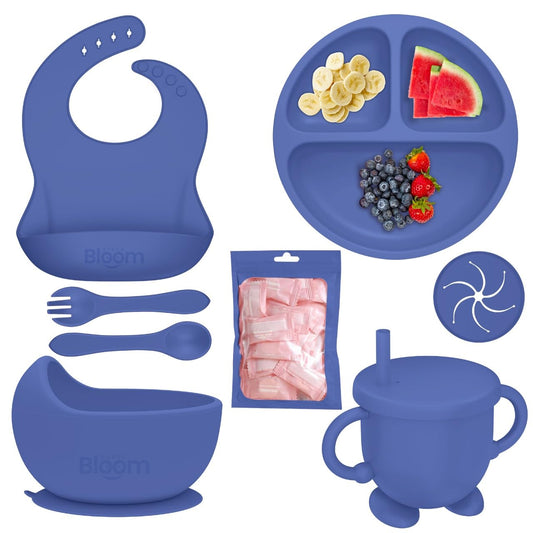 Premium Silicone Baby Feeding Set, Baby Led Weaning Supplies, Suction Bowl, Suction Plate, 3 in 1 Cup, Bib, Stage 1 and 2 Spoon & Fork, Toddler weaning supplies, Baby feeding essentials (Dark Blue)