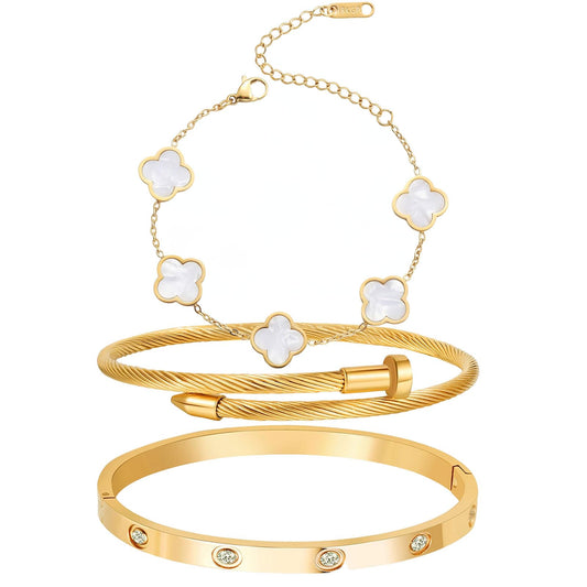 Niarezom 18K Gold Plated Four Leaf Clover Bracelet Bangle Set for Women Stack Bracelets Stainless Steel Bangle Set for Love Trendy Jewelry Gifts for Women (3 Sets(Bracelet,2Bangle))