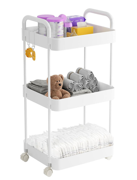 Volnamal Diaper Caddy Organizer, 3-Tier Movable Diaper Cart with Wheels, Newborn Essentials Must Haves, Diaper Caddy for Wipes & Diapers, Baby Registry Search - Plastic White
