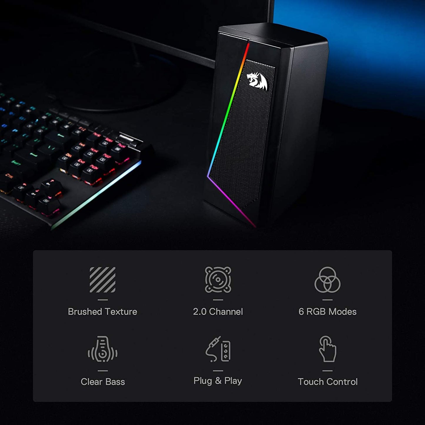 Redragon GS520 RGB Desktop Speakers, 2.0 Channel PC Computer Stereo Speaker with 6 Colorful LED Modes, Enhanced Sound and Easy-Access Volume Control, USB Powered w/ 3.5mm Cable
