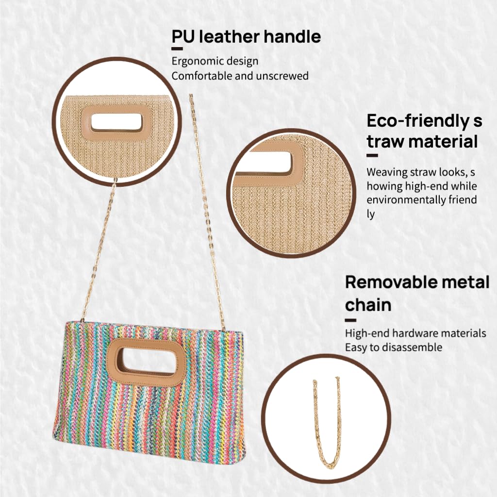 ChiHaul Chic Handbags for Women、Summer Clutch Purse with Handle、Woven Bags Suitable for Party and Beach(Rainbow)