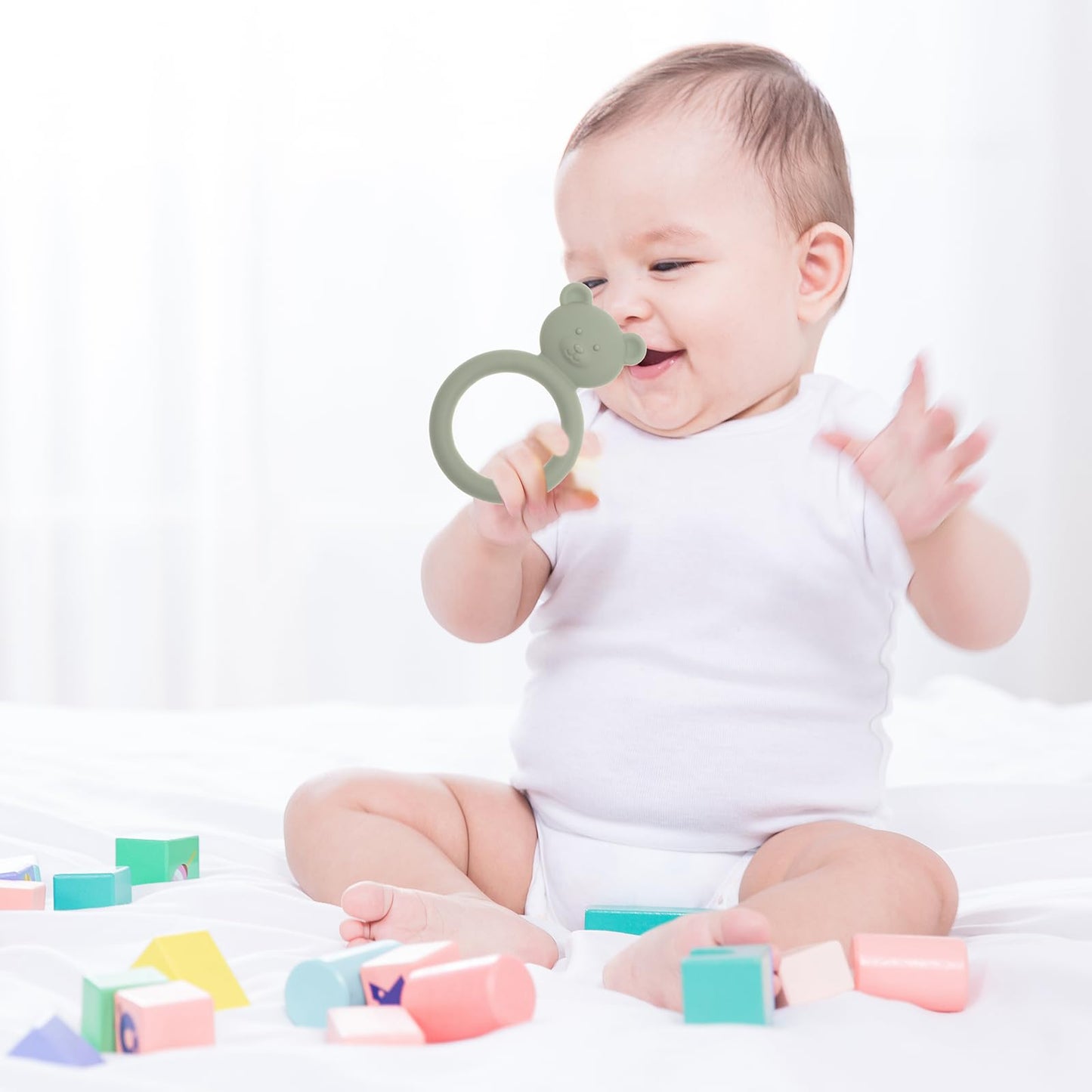 Dirbabi Silicone Baby Teether, Teething Toy Ring for Babies, Easy to Hold Design, BPA Free (Sage + Ether)