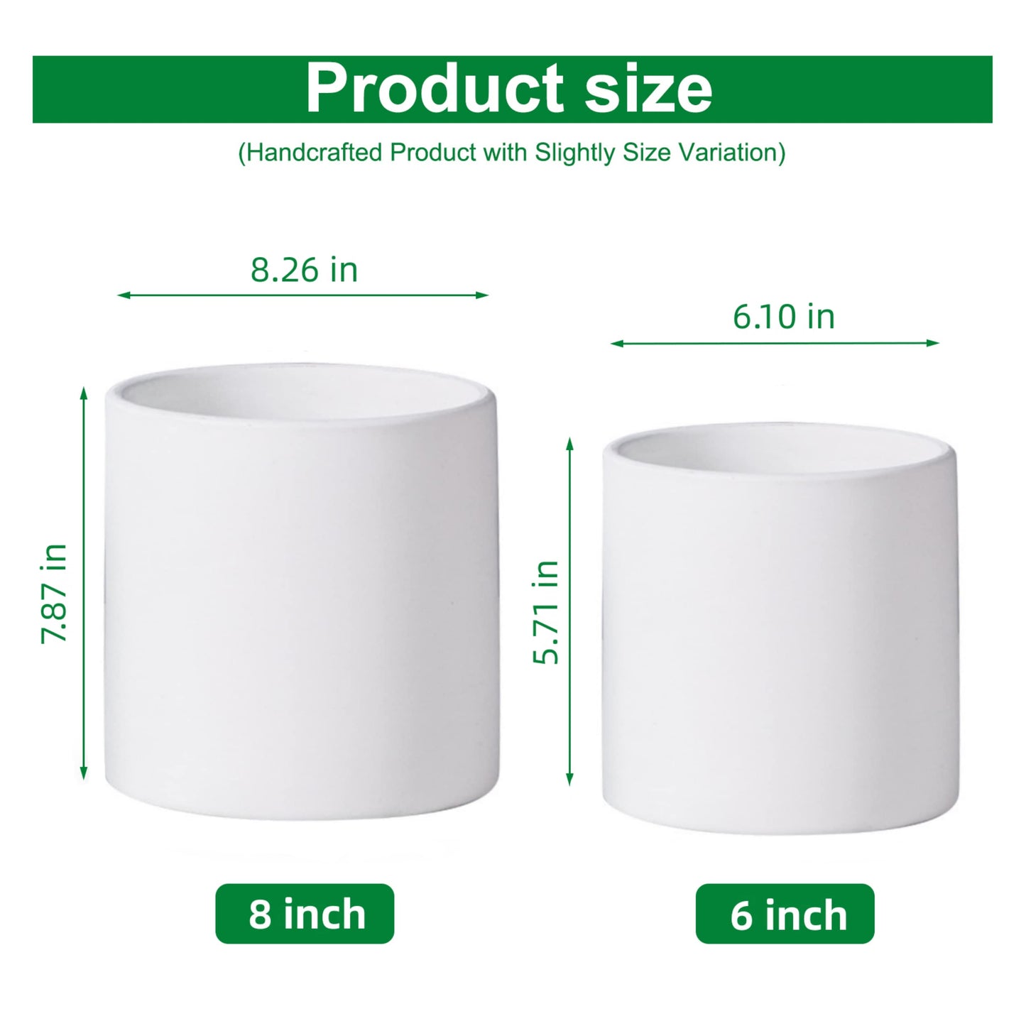 Matte White 8 Inch Ceramic Flower Pot with Non-Slip Base, Handmade Straight Cylinder Planter with Drainage Hole, Modern Minimalist Design for Indoor/Outdoor Plants, Succulents, Herbs, and Home Decor