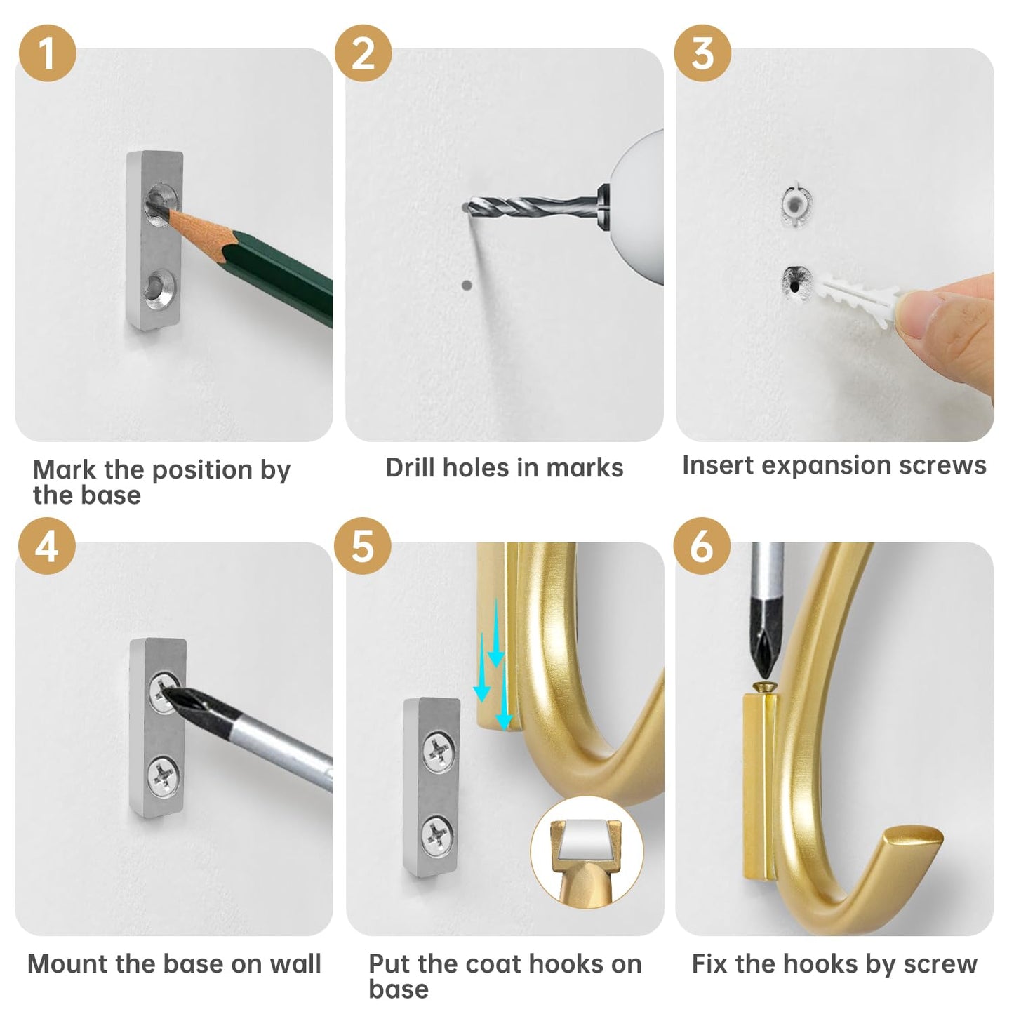 JCHOUS Heavy Duty Wall Hooks, 5.7 Inch Large Coat Hooks, 6 Packs Gold Towel Hooks for Hanging in Bathroom, Bedroom, Entryway, Kitchen, etc