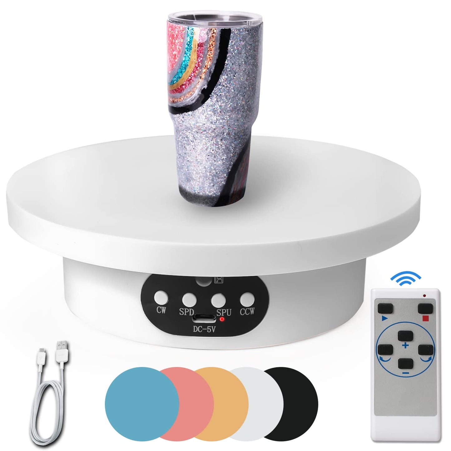 maieray Remote Control Motorized Rotating Display Stand for Epoxy Glitter Tumbler, Cup Display Turner, 360 Electric Rotating Photography Turntable for Crafts Jewelry Display, Motorized Lazy Susan