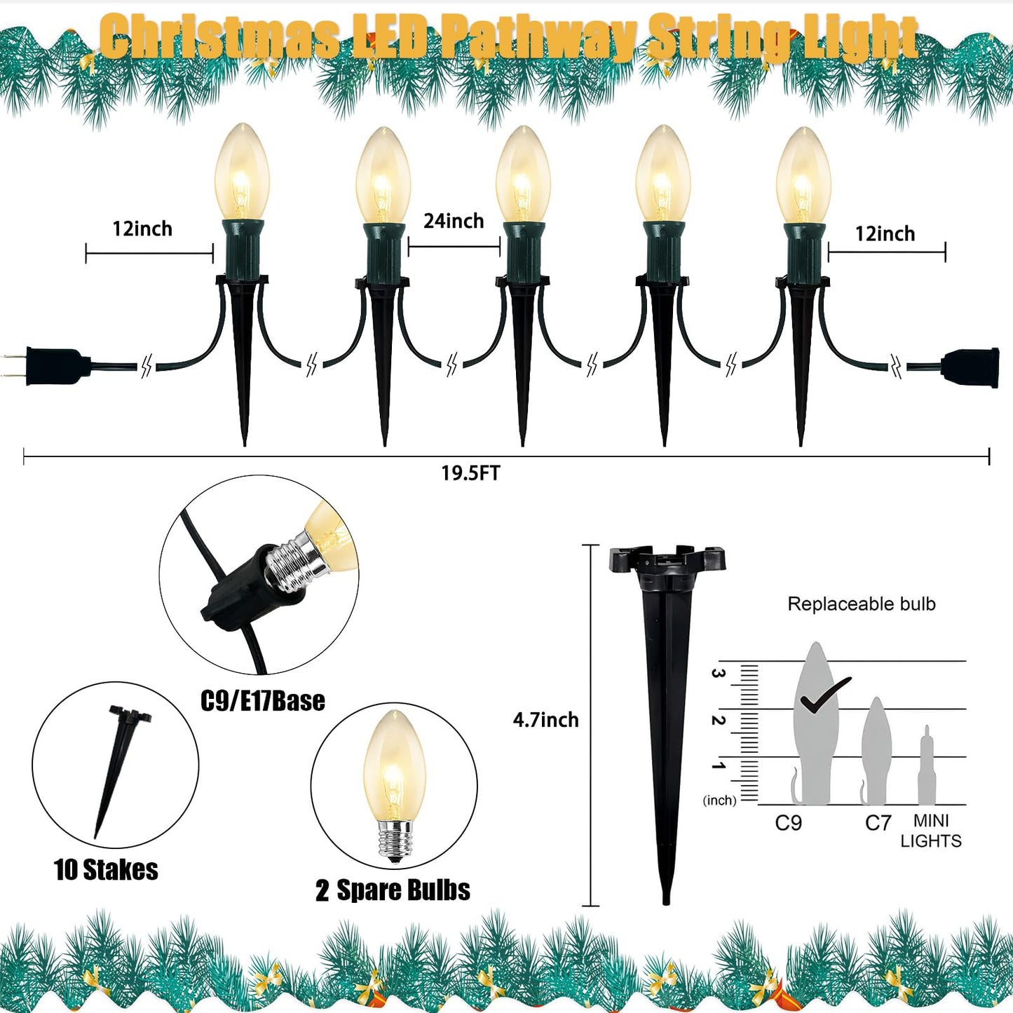 38Ft Outdoor Christmas Pathway String Lights with C9 Clear Markers, Extendable Walkway Lights for Xmas Party & Commercial Decor