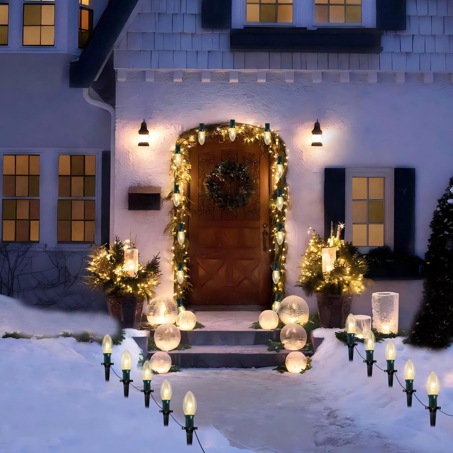 38Ft Outdoor Christmas Pathway String Lights with C9 Clear Markers, Extendable Walkway Lights for Xmas Party & Commercial Decor