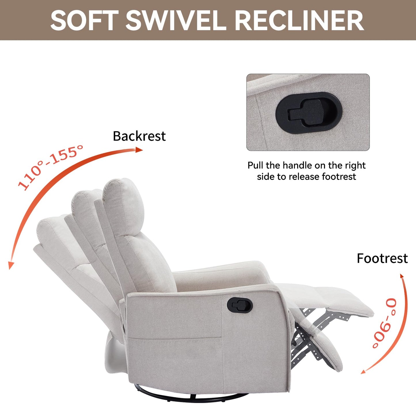 MYEYPEL 360°Swivel in Fabric Reclining Chairs,Heat Massage Manual Recliner Chair,Small Recliners Spaces,Single Lazyboy Recliner Sofa for Living Room,RV,Bedroom,Beige