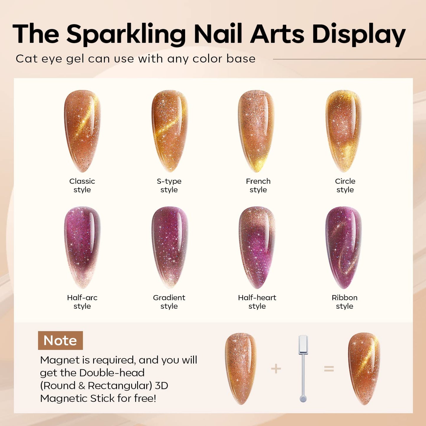 modelones Gel Nail Polish Set, 6 Colors Nude Brown Gel Polish Glitter Burgundy Shiny Champagne Gold Magnetic Cat Eye Effect Sparkle Stunning Home Nail Art Kit Gift for Girl Women