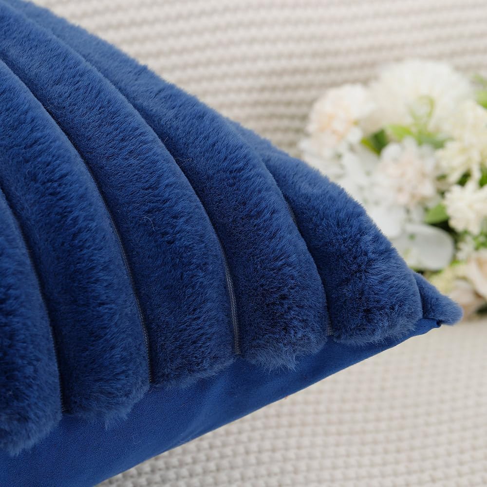 MADIZZ Set of 2 Faux Wool Plush Decorative Throw Pillow Covers 12x20 Inch Blue Fluffy Striped Soft Decorative Cushion Cover for Sofa Bedroom Pillow Shell