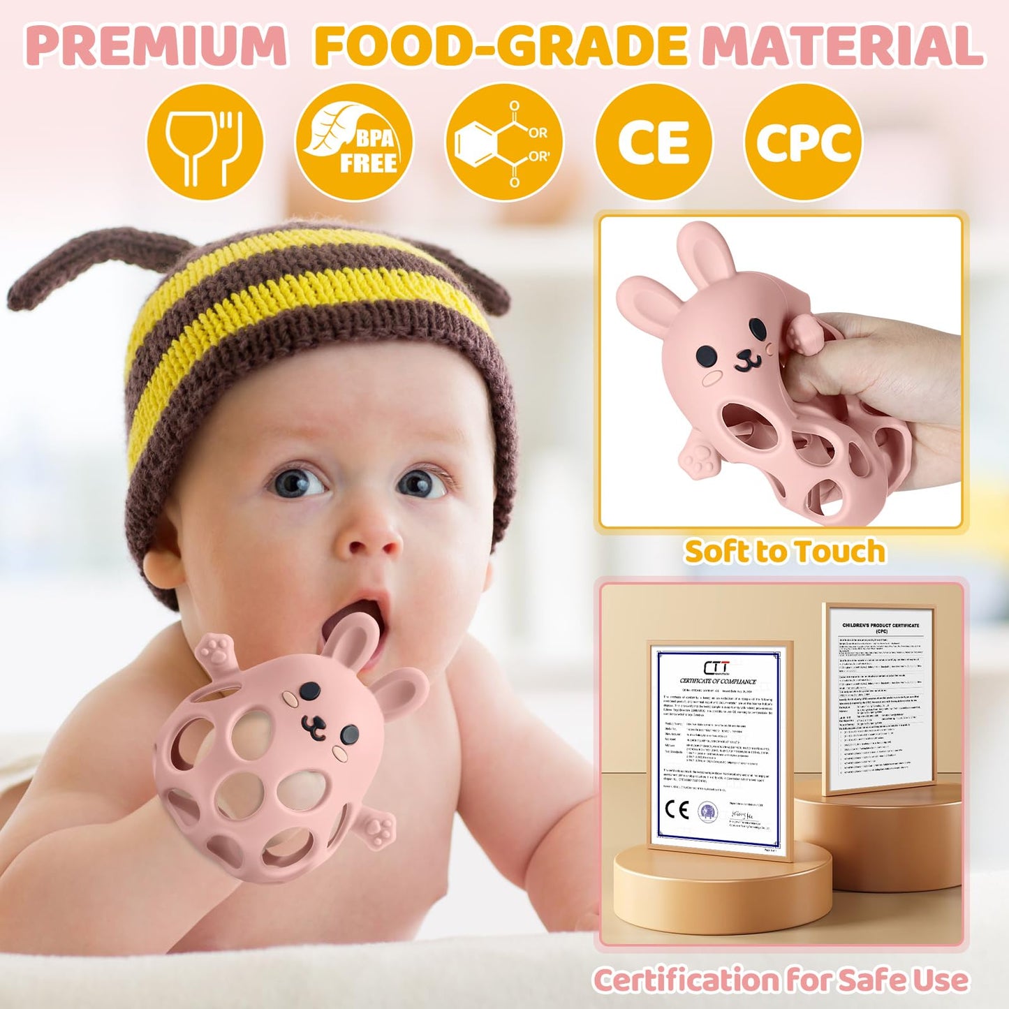 Orzbow Baby Teething Toys 3-6 Months, 2 in 1 Rattle & Hand Teethers for Teething Relief, Easy Grasp Teething Mittens for Babies 0-12 Months,Food Grade Silicone, Newborn Infant Toddler Gift, Pink
