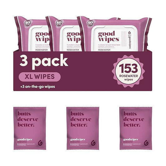 goodwipes Flushable Butt Wipes - Extra Large Adult Wet Wipes For Women & Men - Bathroom Essentials - Sewer & Septic Safe - Rosewater, 153 Count (3 Packs + 3 Individually Wrapped)