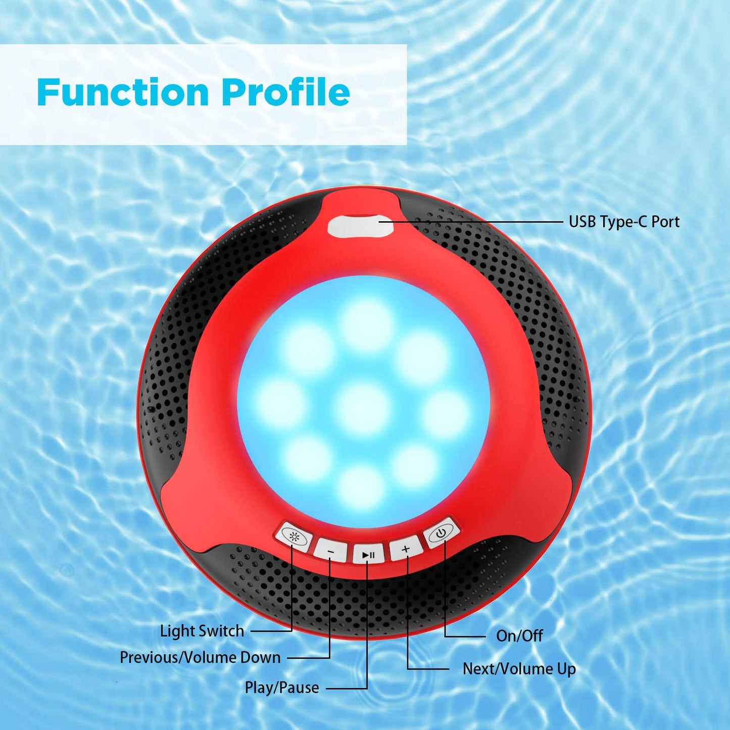 Portable Bluetooth Speakers,Wireless Floating Speaker Stereo with Waterproof IPX7 and Colorful LED Light,10 Meters Bluetooth Range Shower Speaker for Outdoor Pool Hot Tub Gifts (Red and Black)