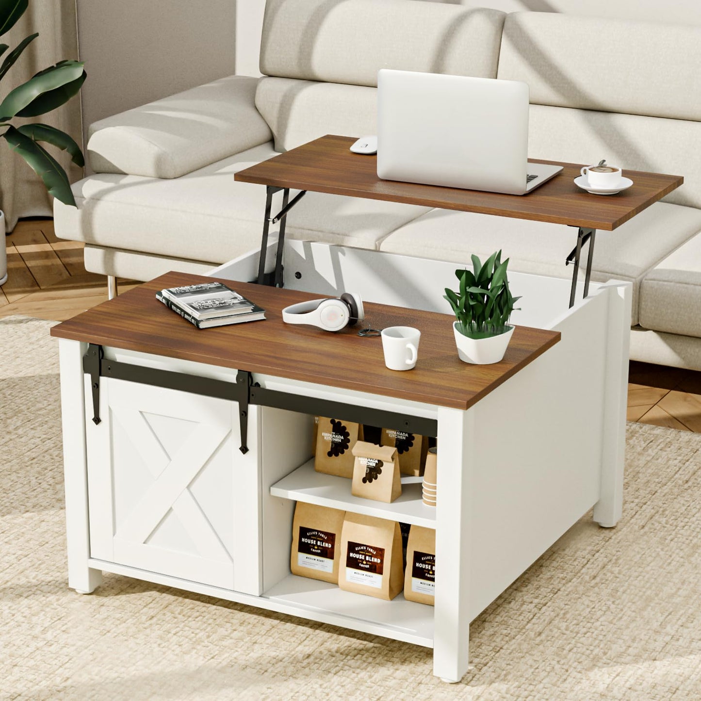 EDWINENE 31.5" Square Coffee Table, White Lift Top Coffee Table for Living Room, Morden Farmhouse Coffee Tables with Hidden Storage for Small Living Room, Bedroom