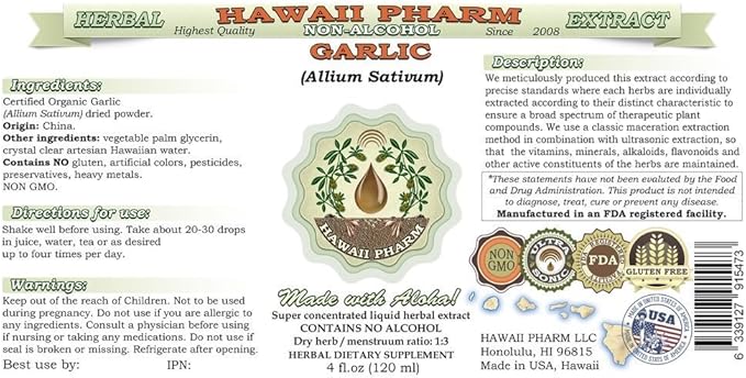 Garlic Alcohol-Free Liquid Extract, Organic Garlic (Allium sativum) Dried Powder Glycerite Hawaii Pharm Natural Herbal Supplement 2 oz