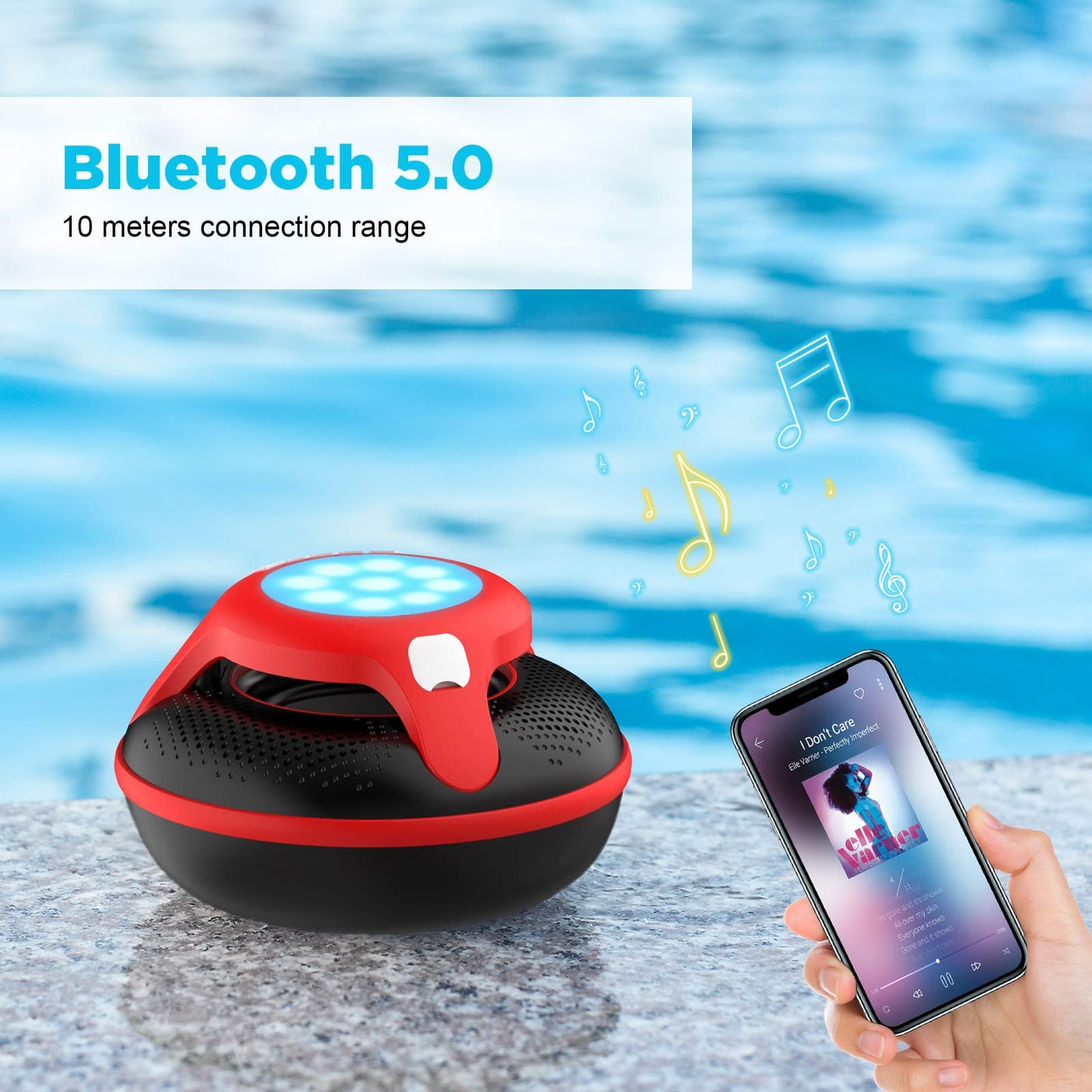 Portable Bluetooth Speakers,Wireless Floating Speaker Stereo with Waterproof IPX7 and Colorful LED Light,10 Meters Bluetooth Range Shower Speaker for Outdoor Pool Hot Tub Gifts (Red and Black)