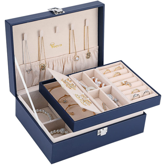Voova Jewelry Box Organizer for Women Girls, 2 Layer Large Men Jewelry Storage Case,PU Leather Display Jewellery Holder with Removable Tray for Necklace Earrings Rings Bracelets，Vintage Gift，Navy Blue