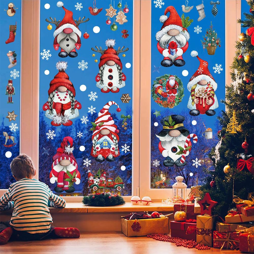 Christmas Window Clings for Glass - Snowflake Decals, Santa Claus Stickers for Window Decorations - Winter Xmas Holiday Party Decor Supply