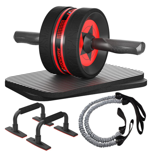 EnterSports AB Wheel Roller, 6-in-1 Exercise Roller Wheel Kit with Knee Pad, Resistance Bands, Pad Push Up Bars Handles Grips, Perfect Home Gym Equipment for Men Women Abdominal Roller (Red)
