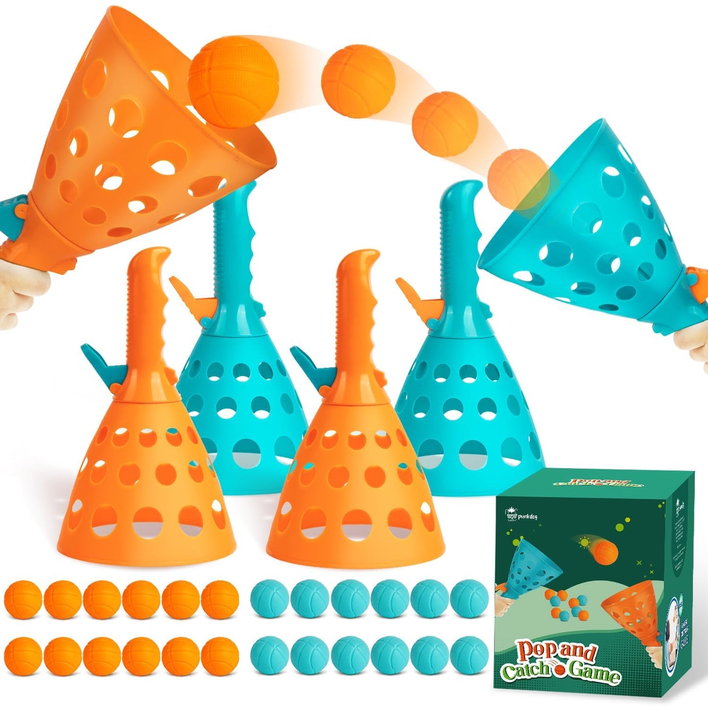 Pop and Catch Ball Game with 24 Balls and 4 Catch Launcher Baskets - Outdoor Indoor Game Activities, Easter Basket Stuffers Gifts Beach Sport Summer Beach Toys for Kids Ages 4 5 6 7 8 10 12+