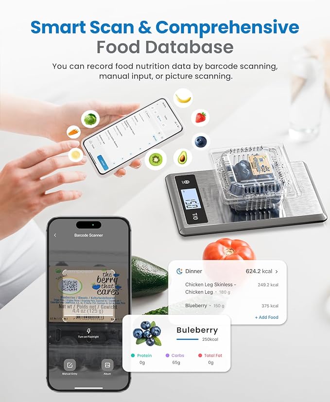 RENPHO Smart Food Kitchen Scale, Food Weight Scale with Nutritional Calculator, Digital Food Scale Grams and Ounces for Weight Loss, Calorie, Macro and Cooking, Stainless Steel