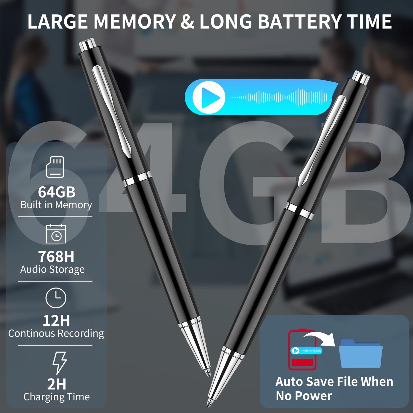 64GB Digital Voice Recorder with Playback: Voice Activated Recorder with AI Noise Reduction - Recording Device for Lectures | Classes | Meetings | Interviews