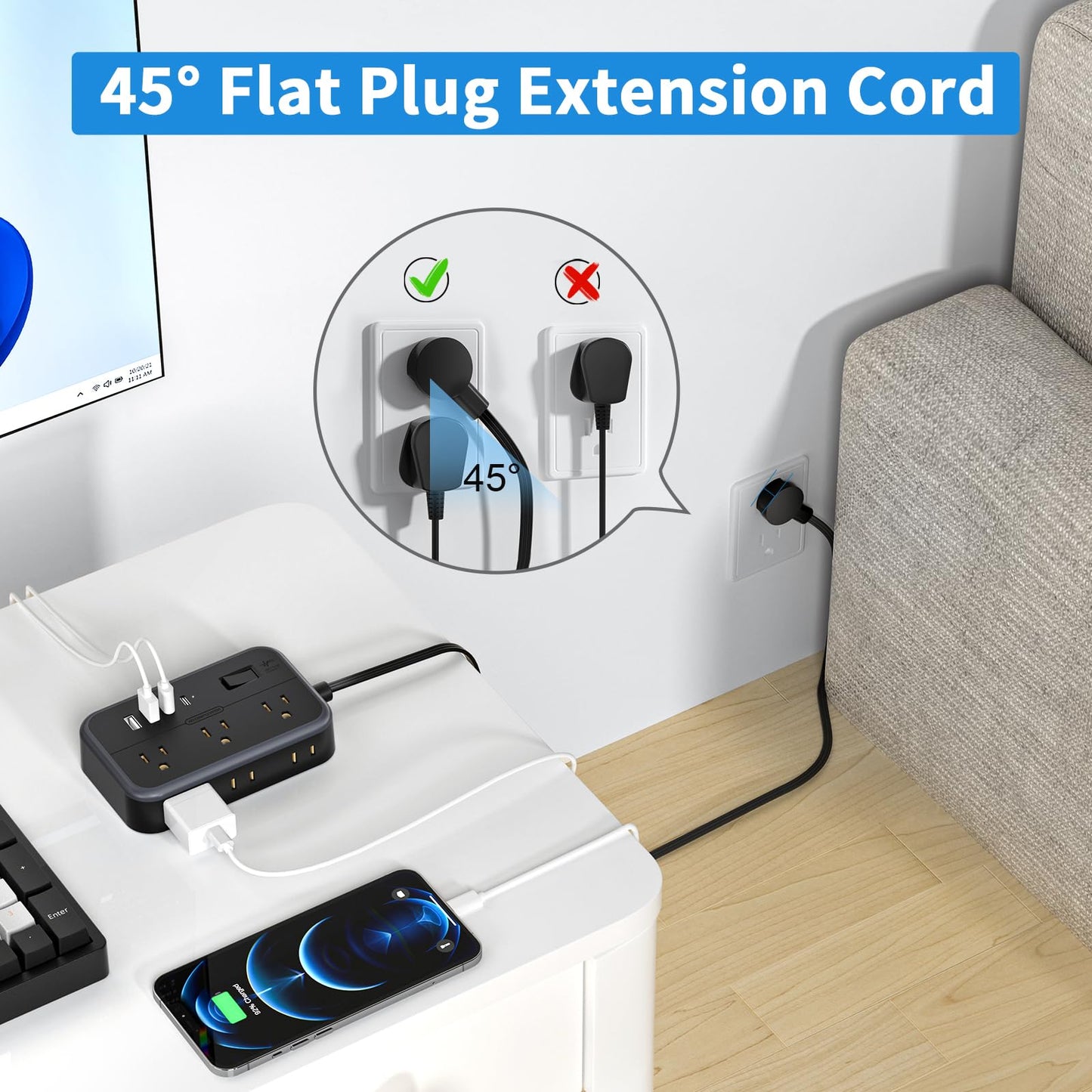 NTONPOWER Surge Protector Power Strip with 6 Outlets 4 USB Charging Station(2 USB C Port), 5 Ft Flat Extension Cord, Outlet Extender for Indoor, Home, Office Supplies, Dorm Room Essentials, Black